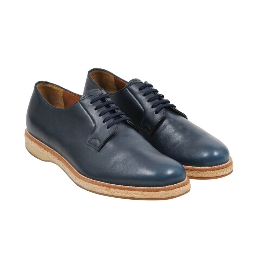 Prada Mens Rope Lace Up Shoes P9 US10 Navy Blue Tan Leather Oxfords Straw Sole
